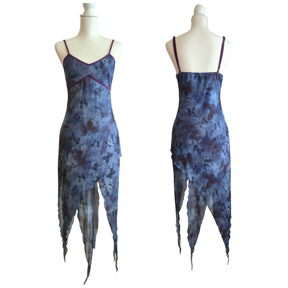 Whimsical Fairy Butterfly Print Asymmetric Babydoll Slip Dress L Ethereal Y2K